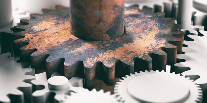 Old rusty metal gear on plastic new cogwheels background. 3d illustration
