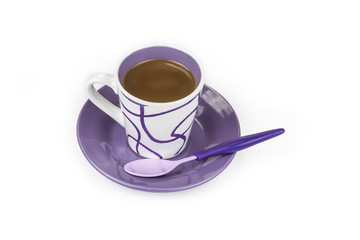Cup of coffee with the spoon on white background