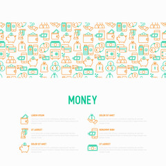 Fototapeta na wymiar Money concept with thin line icons: cash, credit card, pos terminal, piggy bank, wallet, hand with coins, bag of gold. Modern vector illustration for banner, print media, web page.