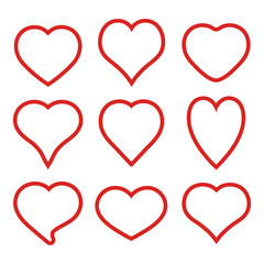 set outline red heart on white background
