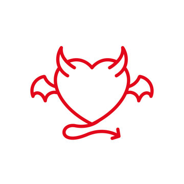 Devil Love with demon wing, horn and tail Icon. Simple Heart Illustration Line Style Logo Template Design. 