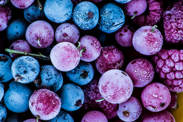 frozen berries, black currant, red currant, raspberry, blueberry. top view. macro. Treatment inspired by Pantone’s 2018 Color of the Year, Ultra Violet - 188942638