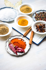 Different spices on white wooden table