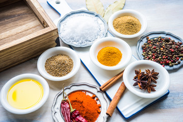 Different spices on white wooden table