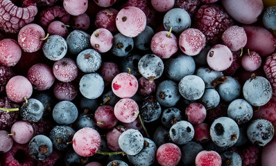 frozen berries, black currant, red currant, raspberry, blueberry. top view. macro - 188943020
