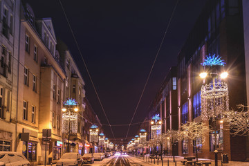 Street decorated with Christmas lights. Zabrze. Poland