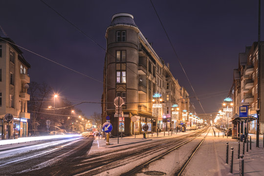Night traffic in Zabrze town. Poland.