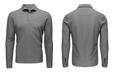 Blank template mens grey polo shirt long sleeve, front and back view, isolated white background. Design sweatshirt mockup for print.