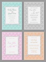 Vector set of elegant wedding invitation in pastel colors. Beautiful stylish backgrounds with a frame and curls. Banner, label, photo frame, invitation, postcard, greeting card, certificate