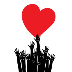 Silhouette hands. Many hands reaching for heart vector.