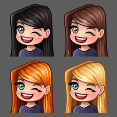 Emotion icons winks female with long hairs for social networks and stickers