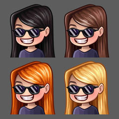 Emotion icons smile female in black glasses with long hairs for social networks and stickers