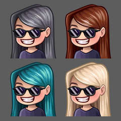 Emotion icons smile female in black glasses with long hairs for social networks and stickers. Vector illustration