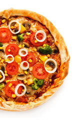 Pizza with corn and broccoli on white background