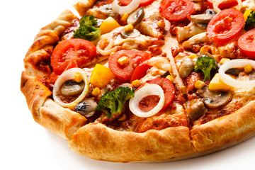Pizza with corn and broccoli on white background