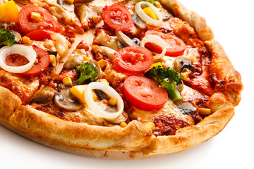 Pizza with corn and broccoli on white background
