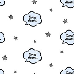 Baby pattern for sleep with the stars,  speech bubbles. Blue vector illustration for boys. Kids seamless pattern on white. Sweet dreams