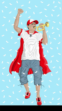 “Tunisia Soccer Fan with Bugle” Tunisian supporter, confetti papers and background are in different layers.