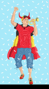 “Belgium Soccer Fan with Bugle” Belgian supporter, confetti papers and background are in different layers.