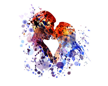 Vector watercolor silhouette of kissing people