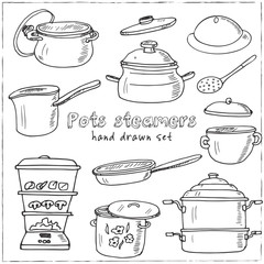 Hand drawn doodle pots steamers set.