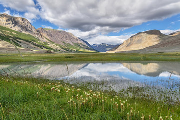 mountains lake clouds reflection summer