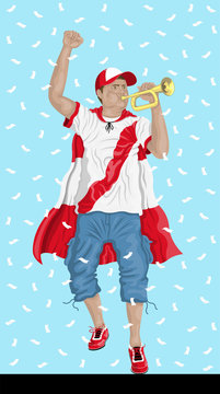 “Peru Soccer Fan with Bugle” Peruvian supporter, confetti papers and background are in different layers.