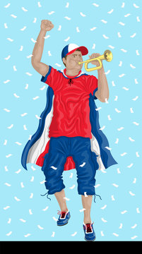 “Costa Rica Soccer Fan with Bugle” Costa Rican supporter, confetti papers and background are in different layers.