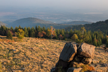 Herbstfärbung im Gebirge zum Sonnenuntergang