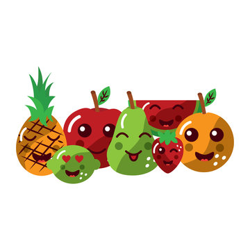 pear pineapple apple lime strawberry watermelon orange happy fruit kawaii icon image vector illustration design 