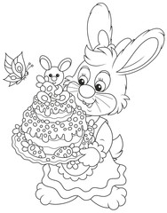 Easter Bunny with a decorated holiday cake, a black and white vector illustration for a coloring book