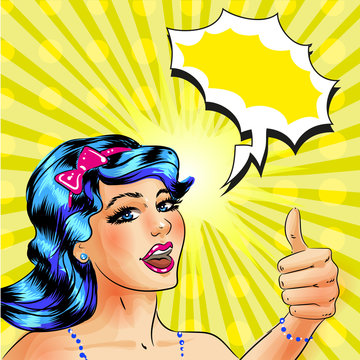 Vector pop art woman with thumb up hand gesture