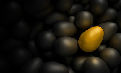 A golden egg lying among the black eggs. 3d illustration