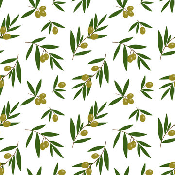 green olives branches with green leaves oil pattern on a white background seamless vector