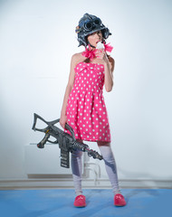 The helmet of virtual reality, the girl after the shooting eats ice cream