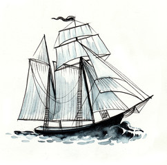 Watercolor sketch of a sailing ship