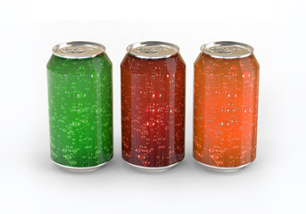 Three cans of colored carbonated drinks isolated on white background. 3d rendering