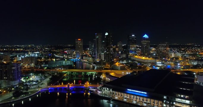 Night at Downtown Tampa aerial drone night video 4k