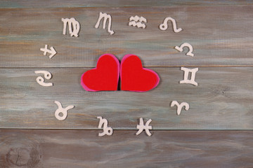 heart. felt. wooden background. lovers. Zodiac signs. horoscope.