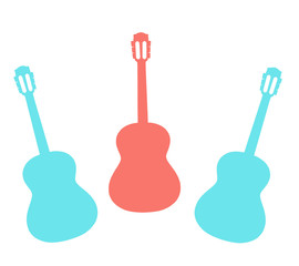 A few varicoloured guitars are on a white background