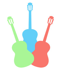 Bright varicoloured guitars on a white background