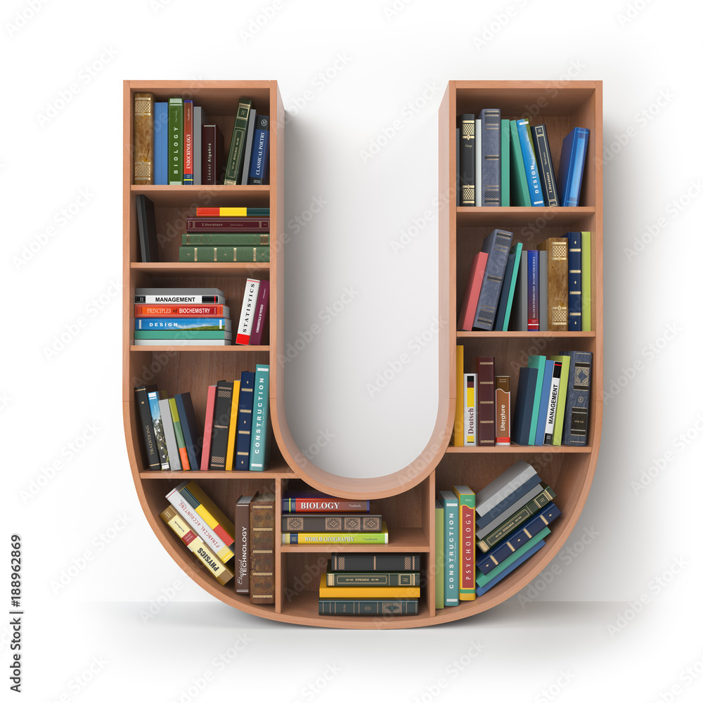Poster letter u. alphabet in the form of shelves with books isolated on white.
