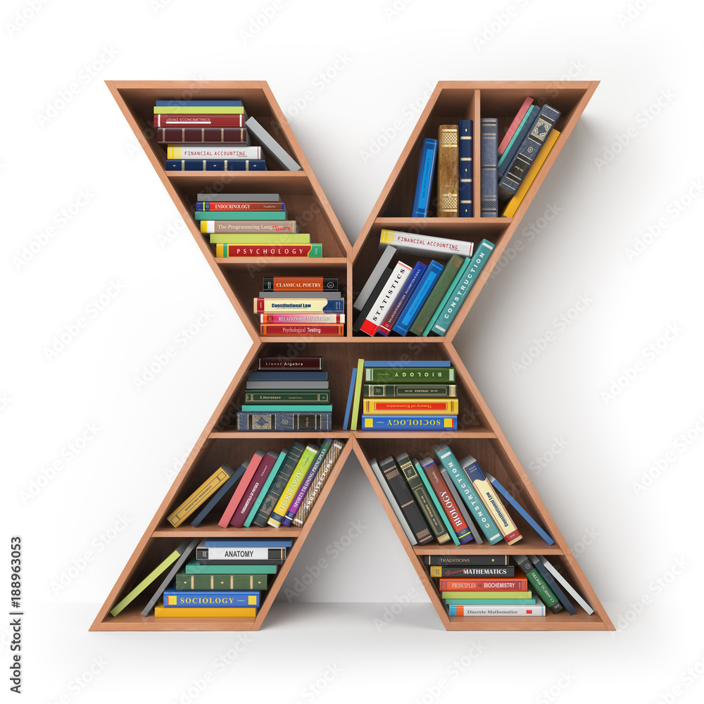Poster letter x. alphabet in the form of shelves with books isolated on white.