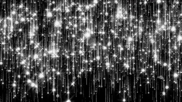 Silver and white glitter particles slow down. Glowing sparkles background. 