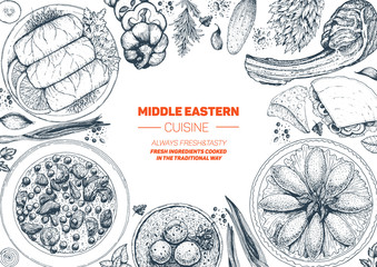 Middle eastern cuisine top view frame. Food menu design with cholent, kebab, dolma, kibbeh, matzo ball soup. Vintage hand drawn sketch vector illustration.