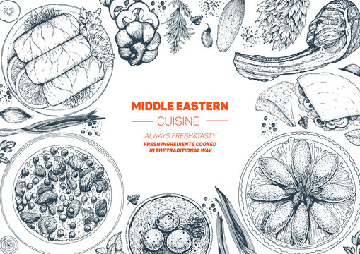 Middle eastern cuisine top view frame. Food menu design with cholent, kebab, dolma, kibbeh, matzo ball soup. Vintage hand drawn sketch vector illustration.