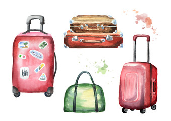 Baggage set. Suitcases and big bag. Isolated on white background. Watercolor hand drawn illustration