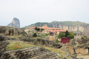 Fototapeta na wymiar Amazing structure on the rocks. Meteora, Greece/ Orthodox churches the early Christians built on rock that would protect them from infidels, From travels in Mediterranean