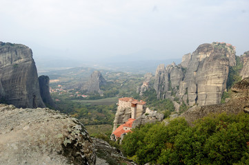 Fototapeta na wymiar Amazing structure on the rocks. Meteora, Greece/ Orthodox churches the early Christians built on rock that would protect them from infidels, From travels in Mediterranean