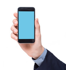 Businessman showing smartphone in his hand.